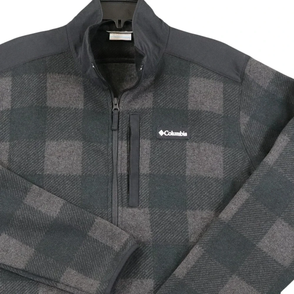 Columbia Buffalo Plaid Fleece Pullover Mens L Quarter Zip Grey Black Outdoor